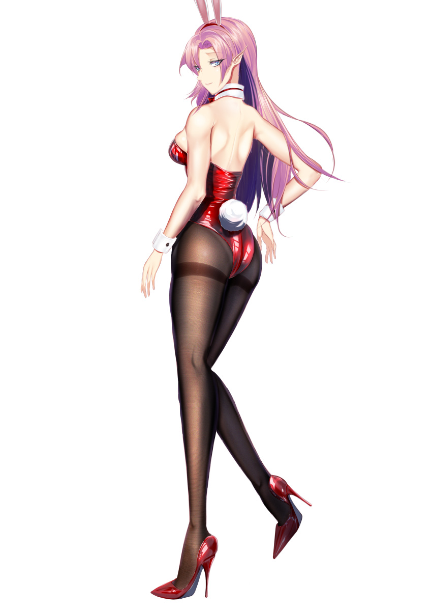 1girl absurdres animal_ears ass azur_lane backless_leotard blue_eyes breasts bunny_tail detached_collar duke_of_york_(azur_lane) fake_animal_ears fake_tail full_body gosama high_heels highres leotard long_hair looking_at_viewer looking_back medium_breasts pantyhose pink_hair playboy_bunny pointy_ears rabbit_ears red_footwear red_leotard solo stiletto_heels strapless strapless_leotard tail thighband_pantyhose transparent_background wrist_cuffs