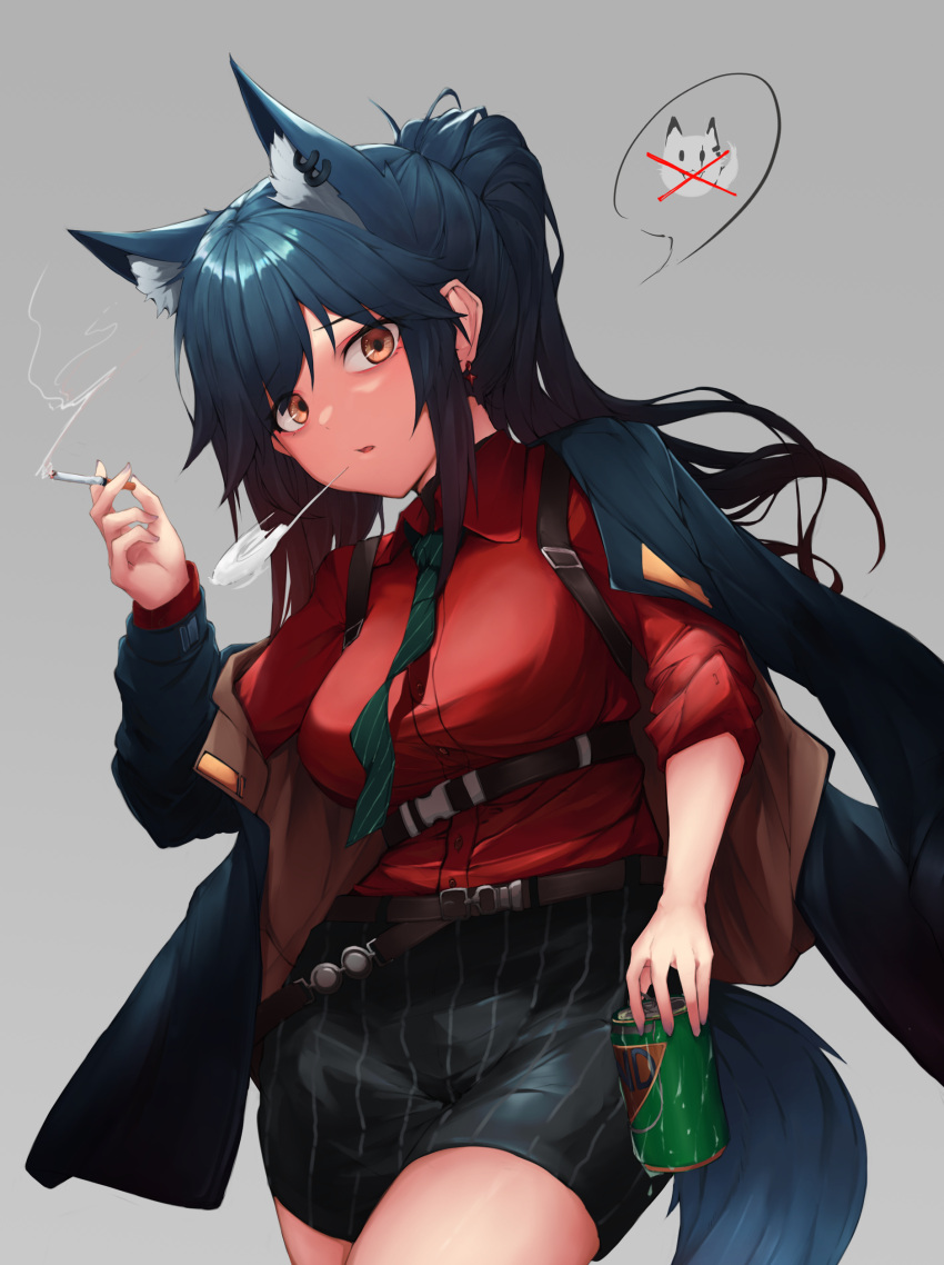 1girl absurdres animal_ear_fluff animal_ears arknights arm_up bangs belt black_hair black_jacket black_neckwear black_shorts breasts can cigarette collared_shirt cowboy_shot drink ear_piercing extra_ears eyebrows_visible_through_hair grey_background highres holding holding_can holding_cigarette jacket jacket_on_shoulders large_breasts long_hair long_sleeves looking_at_viewer necktie official_alternate_costume open_clothes open_jacket open_mouth piercing ponytail red_shirt shirt shorts simple_background sleeves_rolled_up smoke solo spoken_object standing striped tail texas_(arknights) texas_(willpower)_(arknights) vertical-striped_shorts vertical_stripes wolf_ears wolf_girl wolf_tail yellow_eyes yukaring1