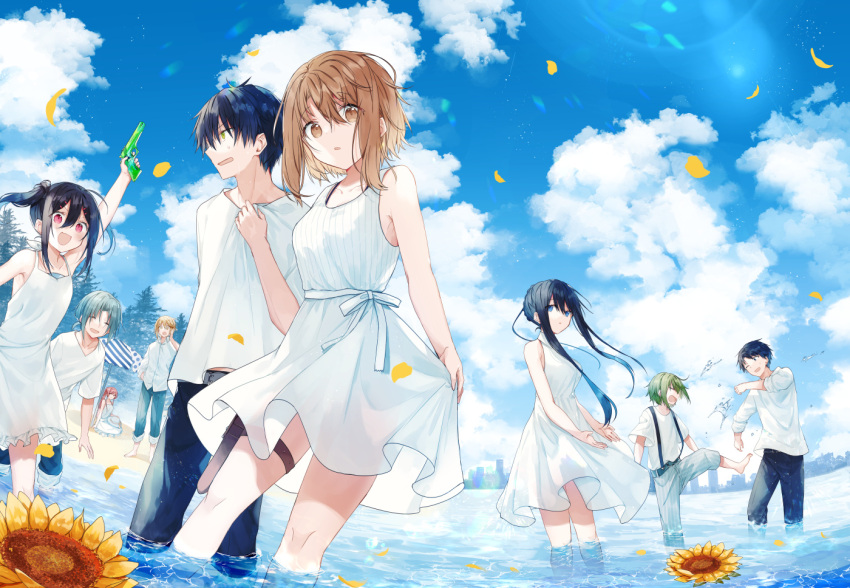 4girls 5boys :d ^_^ arm_up bangs bare_arms bare_shoulders beach_umbrella black_hair black_pants blue_eyes blue_sky breasts brown_eyes brown_hair closed_eyes clouds cloudy_sky collarbone collared_dress commentary_request day dress eyebrows_visible_through_hair flower flower_on_liquid green_eyes green_hair grey_pants hair_between_eyes holding kazutake_hazano long_sleeves medium_breasts multiple_boys multiple_girls open_mouth original outdoors pants parted_lips petals shirt short_sleeves sky skyline sleeveless sleeveless_dress smile standing striped sunflower twintails umbrella vertical-striped_pants vertical_stripes wading water water_gun white_dress white_shirt yellow_flower