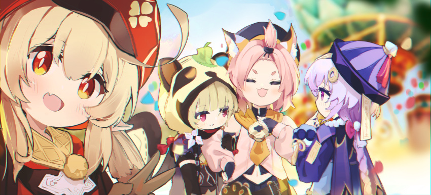 4girls :3 :d absurdres ahoge amusement_park animal_ears animal_hood bangs bangs_pinned_back bead_necklace beads belt black_scarf blunt_bangs blurry blush braid braided_ponytail brown_background brown_scarf cabbie_hat cat_ears chinese_clothes clover_print coat coin_hair_ornament commentary coria depth_of_field detached_sleeves diona_(genshin_impact) elbow_gloves eyebrows_visible_through_hair fake_animal_ears forehead genshin_impact gloves hair_between_eyes hair_ribbon hat highres hood japanese_clothes jewelry jiangshi klee_(genshin_impact) leaf leaf_on_head light_brown_hair long_hair long_sleeves looking_at_viewer low_ponytail low_twintails multiple_girls navel necklace ninja obi ofuda open_mouth orange_eyes paw_print pink_hair pointy_ears puffy_detached_sleeves puffy_sleeves qing_guanmao qiqi_(genshin_impact) raccoon_ears red_coat red_headwear ribbon sash sayu_(genshin_impact) scarf selfie short_hair short_sleeves shuriken sidelocks silver_hair single_braid smile symbol-only_commentary thick_eyebrows twintails v violet_eyes weapon