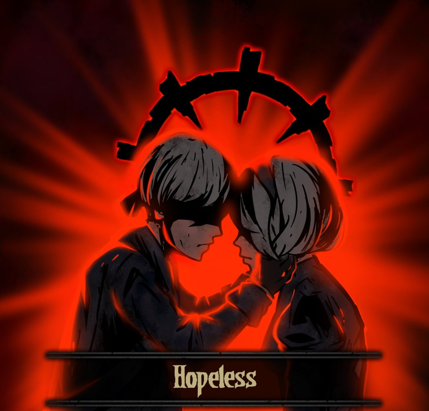 1boy 1girl absurdres bangs black_background black_blindfold black_dress black_gloves black_hairband blindfold commentary crossover darkest_dungeon dress english_text forehead-to-forehead from_side gloves hairband hands_on_another's_face highres light long_sleeves nier_(series) nier_automata red_background short_hair smile sorapoi upper_body weapon yorha_no._2_type_b yorha_no._9_type_s