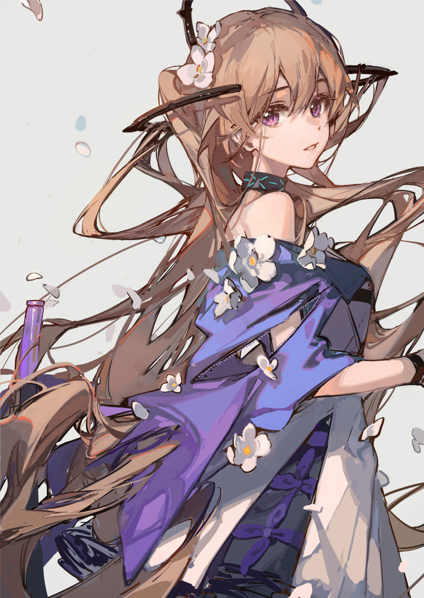 1girl arknights bare_shoulders black_collar brown_hair ciloranko collar cowboy_shot dress flower grey_background hair_between_eyes headgear highres indigo_(arknights) infection_monitor_(arknights) long_hair looking_at_viewer off-shoulder_dress off_shoulder parted_lips petals purple_dress simple_background solo very_long_hair violet_eyes white_flower