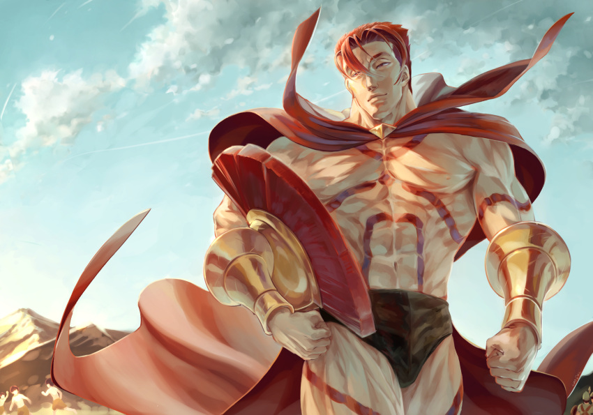 1boy abs bare_pectorals black_shorts bracer bulge cape chest_tattoo fate/grand_order fate_(series) feet_out_of_frame hair_strand headwear_removed helmet helmet_removed highres large_pectorals leg_tattoo leonidas_(fate) male_focus muscular muscular_male navel no_nipples pectorals red_cape redhead short_hair short_shorts shorts sib_(utau7) smile solo stomach tattoo thick_thighs thighs walking wind