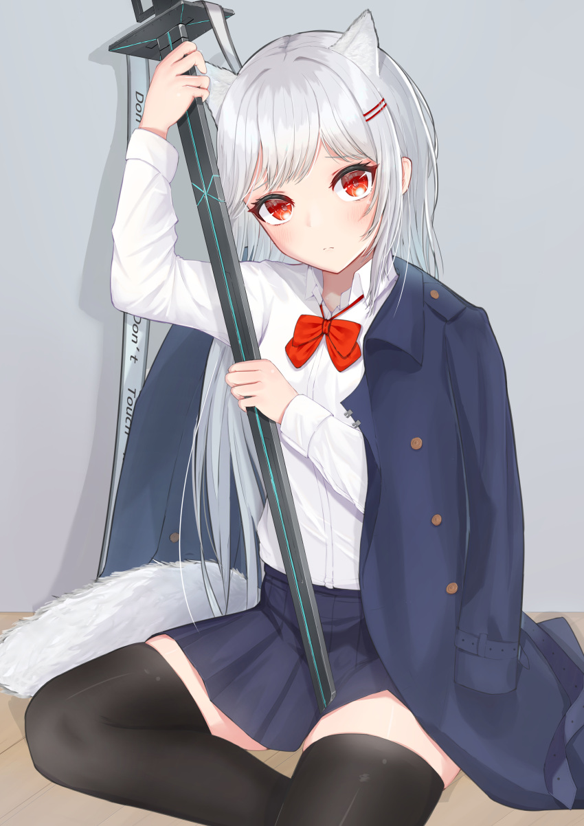 1girl absurdres animal_ears bangs black_legwear blush bow bowtie cat_ears closed_mouth commentary_request extra_ears eyebrows_visible_through_hair frown grey_hair hand_up highres holding holding_sword holding_weapon jacket long_hair long_sleeves looking_at_viewer on_floor original pantyhose red_bow red_eyes shirt sidelocks simple_background sitting skirt solo sword tail tanshio uniform weapon white_hair white_shirt