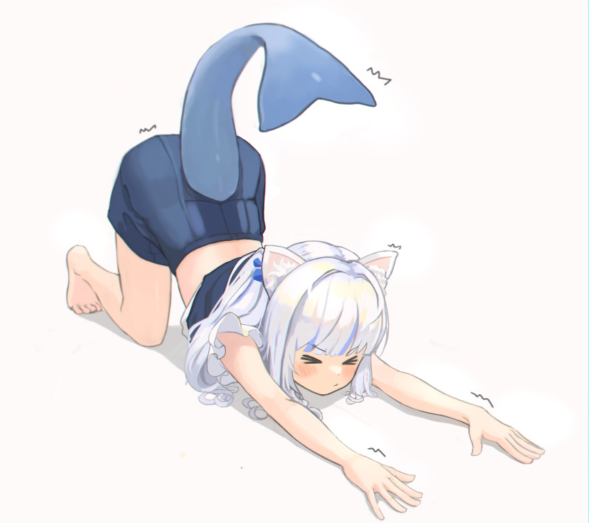 &gt;_&lt; 1girl absurdres animal_ears auuufox bangs barefoot blue_hair blue_skirt blush cat_ears cat_stretch fish_tail full_body gawr_gura highres hololive hololive_english long_hair multicolored_hair shark_tail skirt solo streaked_hair stretch tail top-down_bottom-up virtual_youtuber white_background white_hair