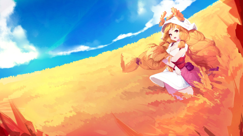 1girl blonde_hair blue_sky breasts clouds dress ejami field hat highres holding long_hair looking_at_viewer open_mouth original red_eyes sky solo teeth tongue twintails wheat