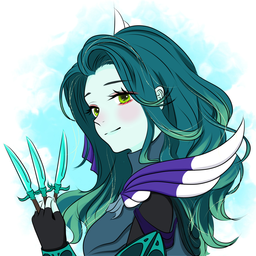 1girl armor bangs black_gloves blush closed_mouth colored_skin defense_of_the_ancients dota_2 fingerless_gloves gloves green_eyes green_hair green_skin highres holding holding_knife knife long_hair long_sleeves looking_at_viewer phantom_assassin_(dota) side_dish_meow smile solo
