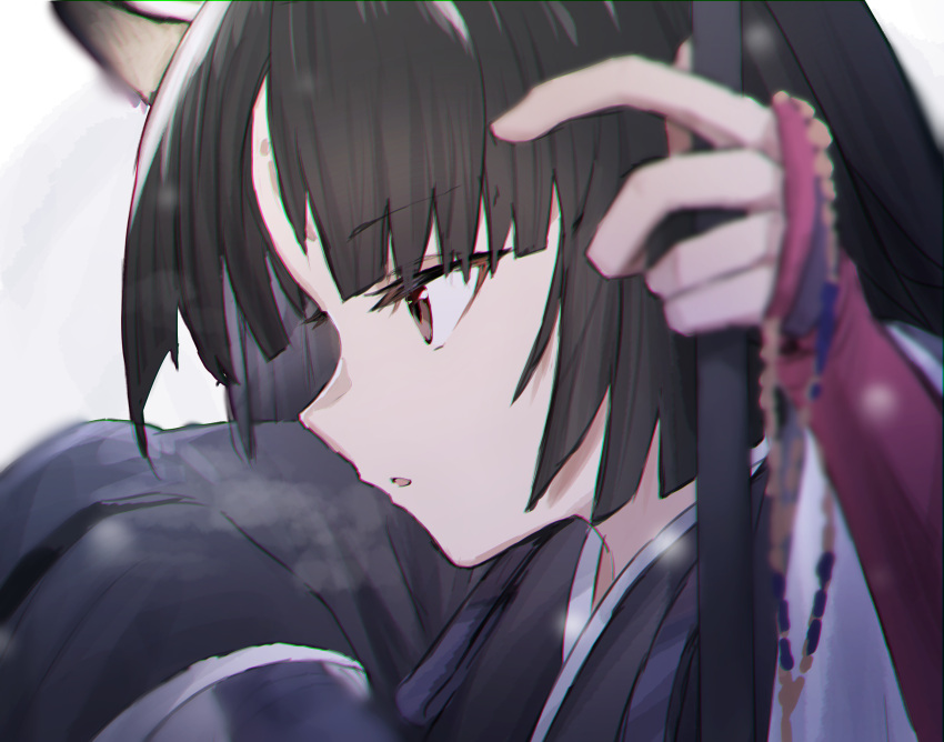 1girl animal_ears arknights bangs black_hair black_kimono brown_eyes dog_ears dog_girl facial_mark forehead_mark gloves highres holding_naginata japanese_clothes kimono long_hair looking_to_the_side purple_gloves raw_egg_lent saga_(arknights) solo upper_body