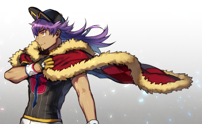 1boy baseball_cap cape champion_uniform closed_mouth commentary_request dark-skinned_male dark_skin dynamax_band facial_hair floating_cape floating_hair from_side fur-trimmed_cape fur_trim gloves hat holding leon_(pokemon) long_hair male_focus pokemon pokemon_(game) pokemon_swsh purple_hair red_cape shield_print shiny shiny_skin shirt short_sleeves shorts solo sword_print white_shorts white_wristband yellow_eyes yukibi_(ykb)