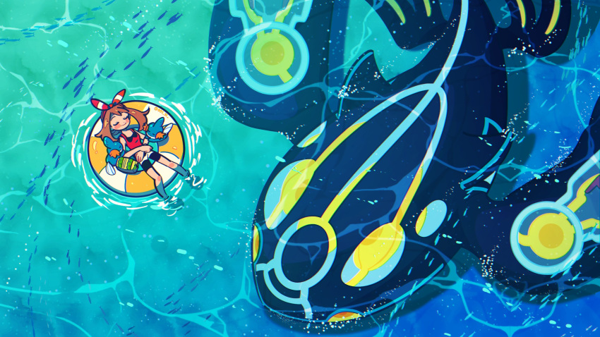 1girl afloat bag bag_removed bangs bike_shorts blush_stickers bow_hairband brown_hair chueog closed_eyes closed_mouth creature fish from_above gen_3_pokemon hairband highres innertube kyogre legendary_pokemon lying may_(pokemon) mudkip on_back pokemon pokemon_(creature) pokemon_(game) pokemon_oras primal_kyogre red_hairband red_shirt relaxing shirt shorts sleeveless sleeveless_shirt smile starter_pokemon water white_shorts