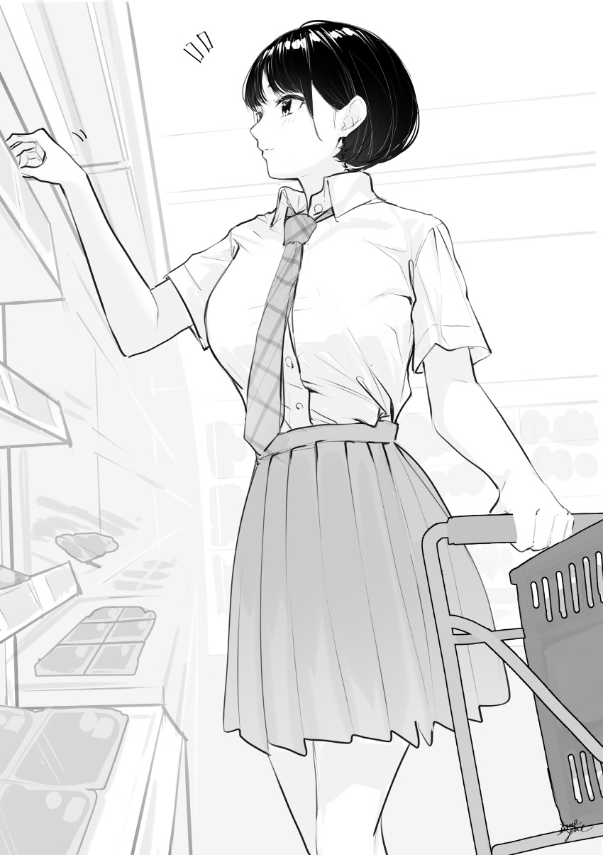 1girl absurdres bangs black_hair blush breasts closed_mouth collared_shirt commentary_request dress_shirt food grey_skirt greyscale hand_up highres indoors looking_away looking_to_the_side meat medium_breasts monochrome necktie notice_lines original plaid_neckwear pleated_skirt school_uniform shirt shop shopping shopping_cart short_hair short_sleeves skirt solo supermarket surprised takenoko_no_you