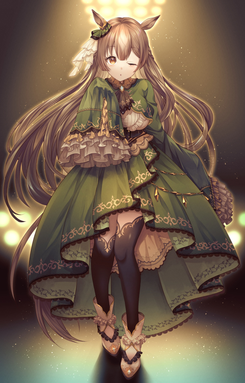 1girl ;o animal_ears backlighting bangs black_legwear braid breasts brown_eyes brown_hair brown_neckwear commentary_request cropped_jacket ear_ribbon eyebrows_visible_through_hair frilled_sleeves frills full_body green_jacket green_skirt hair_between_eyes hand_up highres horse_ears horse_girl horse_tail jacket lace-trimmed_skirt lace_trim large_breasts light_particles long_hair long_sleeves looking_at_viewer one_eye_closed parted_lips satono_diamond shirt shoes skirt sleeves_past_fingers sleeves_past_wrists solo spotlight standing tail thigh-highs umamusume underbust very_long_hair white_footwear white_shirt yue_(lov_n_n)
