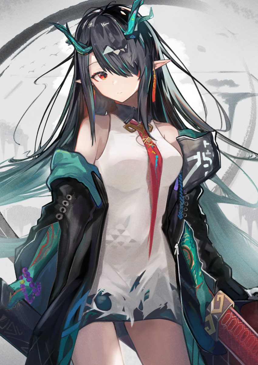 1girl arknights bare_shoulders black_coat black_hair bracelet breasts closed_mouth coat colored_skin cowboy_shot dragon_horns dress dusk_(arknights) earrings expressionless green_hair green_skin grey_background hair_over_one_eye head_tilt highres holding holding_sword holding_weapon horns jewelry long_hair long_sleeves looking_at_viewer medium_breasts multicolored_hair necktie nokke_o off_shoulder open_clothes open_coat pointy_ears red_eyes red_neckwear sheath short_dress solo streaked_hair sword two-tone_hair unsheathed very_long_hair weapon white_dress