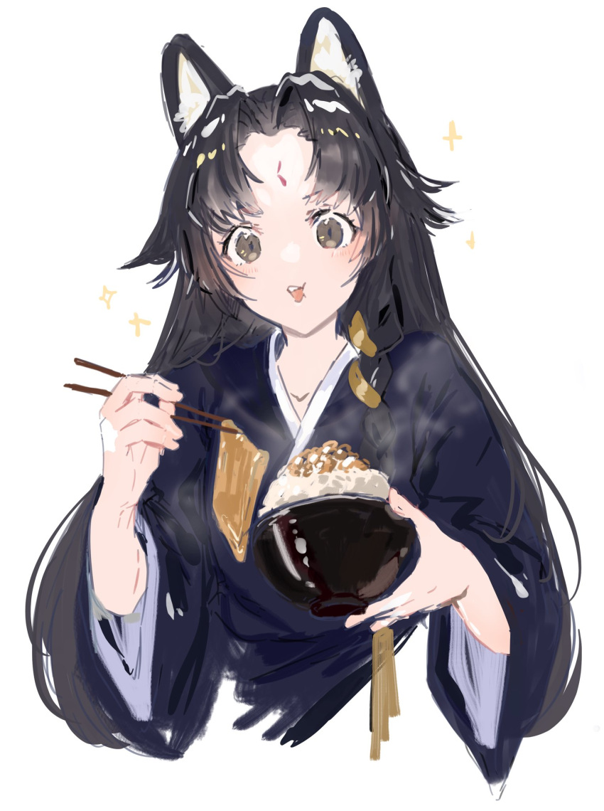 1girl aburaage animal_ears arknights black_hair black_kimono bowl brown_eyes chopsticks dog_ears dog_girl eating facial_mark food forehead_mark highres holding holding_chopsticks japanese_clothes kimono long_hair long_sleeves nanaponi nattou rice rice_bowl saga_(arknights) solo upper_body wide_sleeves