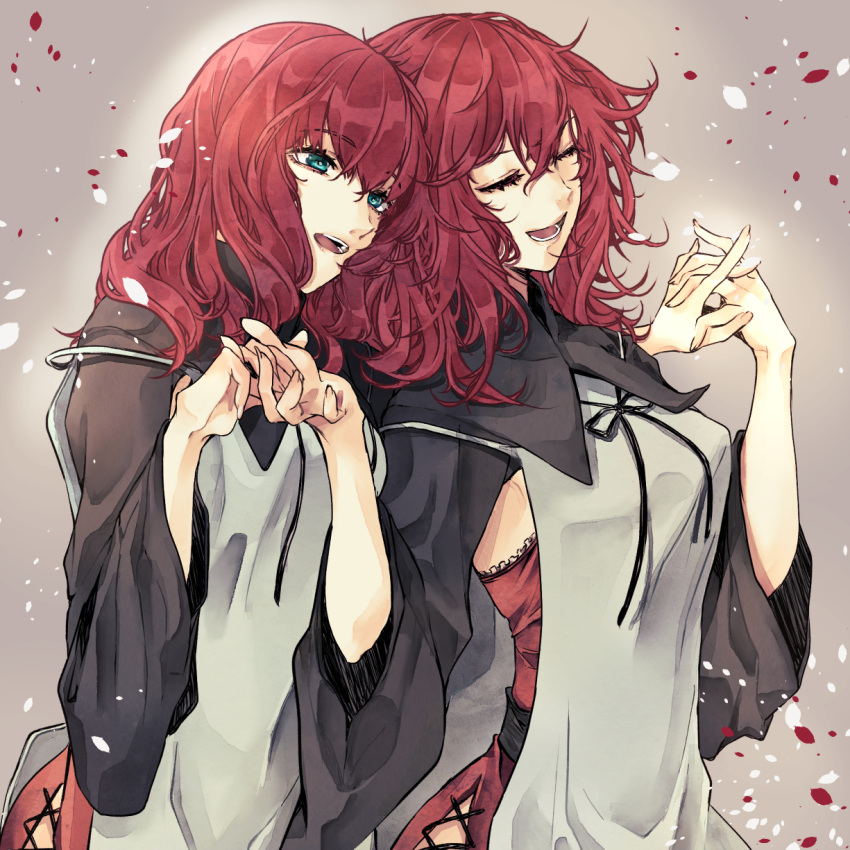 2girls aqua_eyes black_capelet bow capelet closed_eyes commentary commentary_request cross-laced_clothes cross-laced_legwear devola eyebrows_visible_through_hair eyelashes highres holding_hands long_hair messy_hair multiple_girls nier nier_(series) partial_commentary popola redhead rolling_anco siblings sisters twins wide_sleeves