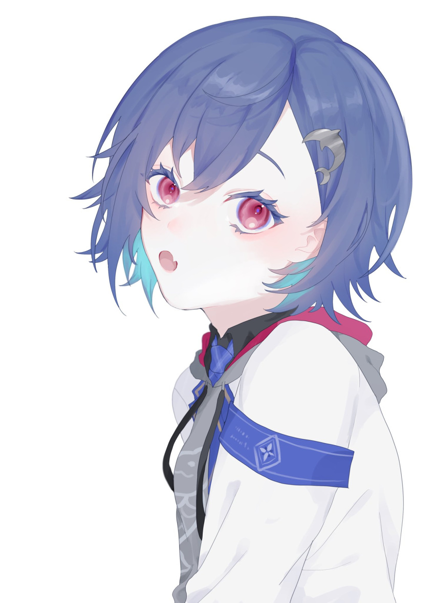 10_io 1girl :o armband blazer blue_hair dolphin_hair_ornament fang from_side grey_hoodie head_tilt highres hood hoodie jacket looking_at_viewer nijisanji nishizono_chigusa open_mouth red_eyes school_uniform short_hair skin_fang solo upper_body virtual_youtuber white_jacket