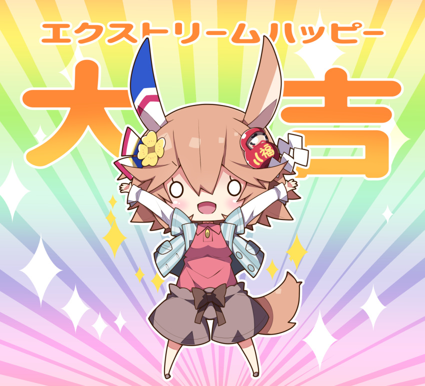 1girl :d animal_ears arms_up bangs blush breasts brown_footwear brown_shorts collared_shirt commentary_request daruma_doll eyebrows_visible_through_hair hair_between_eyes hair_ornament highres horse_ears horse_girl horse_tail jacket layered_sleeves long_sleeves looking_at_viewer matikanefukukitaru_(umamusume) milkpanda o_o open_clothes open_jacket open_mouth outstretched_arms red_shirt shirt shoes short_over_long_sleeves short_sleeves shorts small_breasts smile solo sparkle standing tail translation_request umamusume vertical-striped_jacket