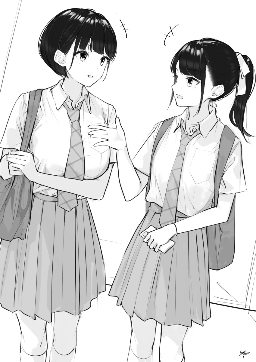 +++ 2girls :d absurdres backpack bag bangs bow breasts cellphone collared_shirt commentary_request eye_contact greyscale hair_bow highres holding holding_phone kneehighs looking_at_another medium_breasts mole mole_under_eye monochrome multiple_girls necktie open_mouth original phone plaid_neckwear pleated_skirt ponytail school_bag school_uniform shirt short_hair short_sleeves signature skirt smile takenoko_no_you