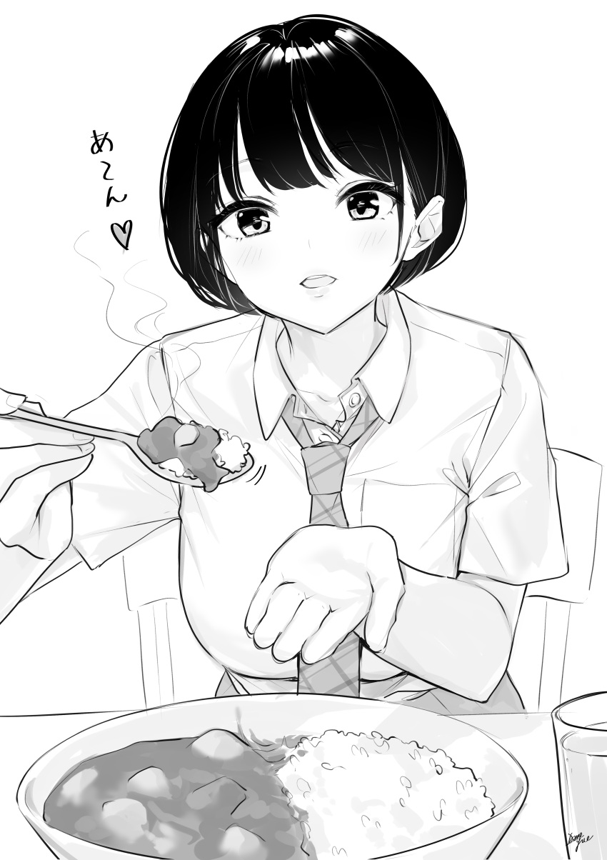 1girl absurdres bangs blush breasts chair collared_shirt commentary_request cup curry curry_rice drinking_glass food greyscale highres holding holding_spoon looking_at_viewer medium_breasts monochrome necktie original parted_lips plaid_neckwear plate rice school_uniform shirt short_sleeves simple_background solo spoon steam table takenoko_no_you translation_request upper_teeth white_background