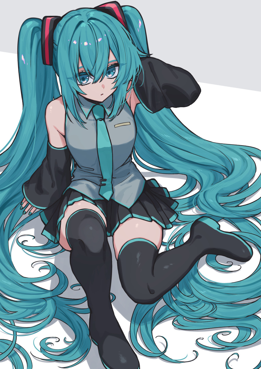 1girl absurdres bangs black_footwear black_skirt blue_eyes blue_hair blue_nails blue_neckwear boots detached_sleeves from_above hair_ornament hand_in_hair hatsune_miku highres itou_(very_ito) long_hair looking_at_viewer necktie pleated_skirt sitting skindentation skirt solo thigh-highs thigh_boots twintails very_long_hair vocaloid zettai_ryouiki
