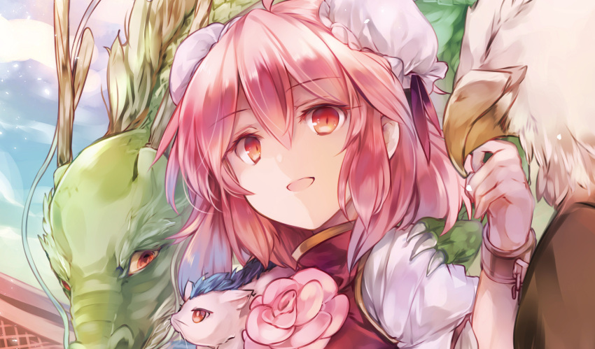 1girl animal bangs bird blue_sky chain closed_eyes closed_mouth clouds cloudy_sky dragon eagle eyebrows_visible_through_hair flower hair_between_eyes hair_ribbon hand_up highres ibaraki_kasen kutsuki_kai looking_at_viewer looking_to_the_side open_mouth pink_flower pink_hair pink_ribbon pink_vest puffy_short_sleeves puffy_sleeves red_eyes ribbon shirt short_hair short_sleeves sky smile touhou vest white_headwear white_shirt white_sleeves wristband