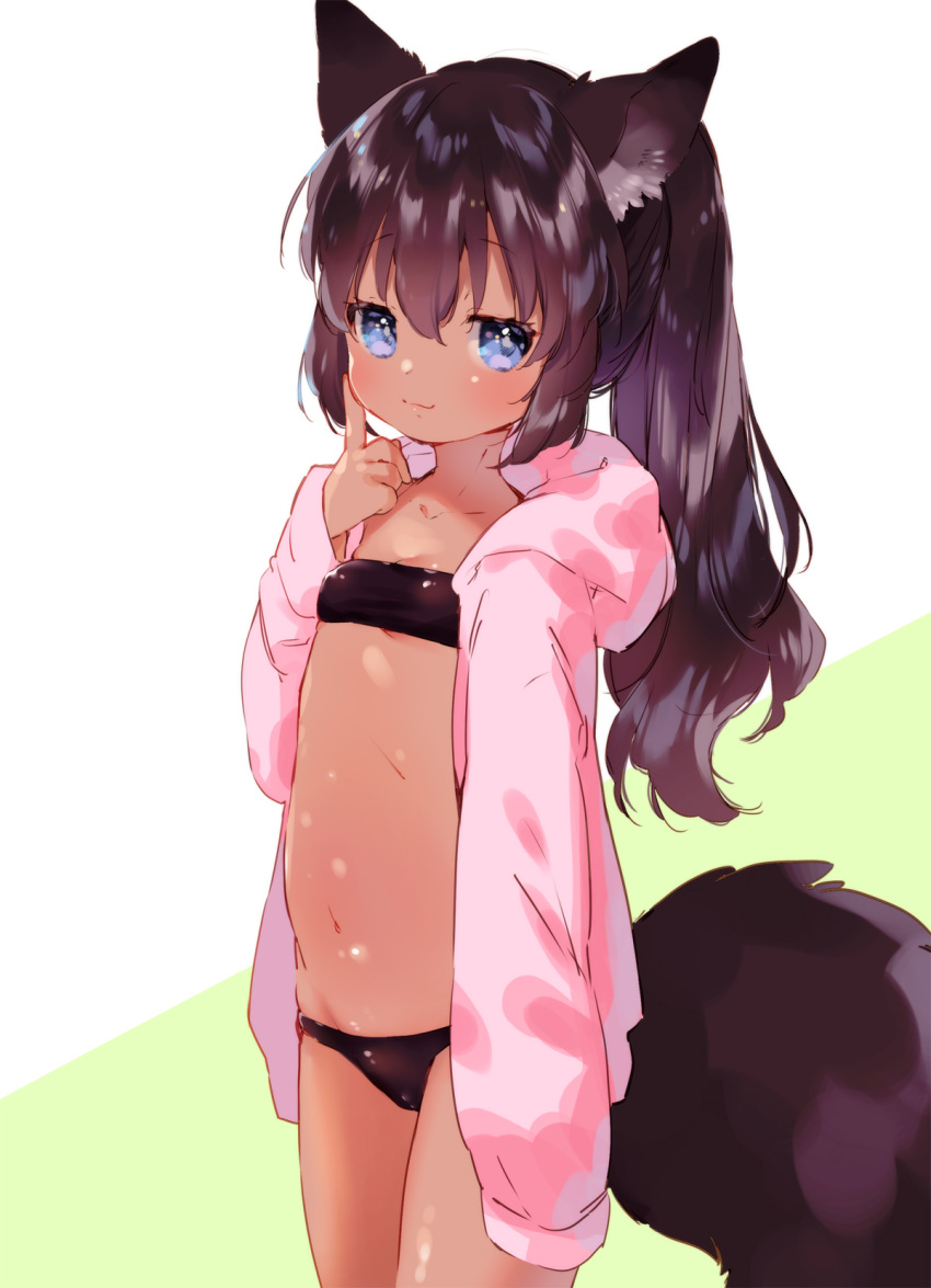 1girl bikini black_bikini black_hair blue_eyes dark-skinned_female dark_skin finger_to_cheek highres hood hood_down hoodie long_hair long_sleeves looking_at_viewer mutou_mato naked_hoodie open_clothes open_hoodie original pink_hoodie ponytail sleeves_past_fingers sleeves_past_wrists smile swimsuit