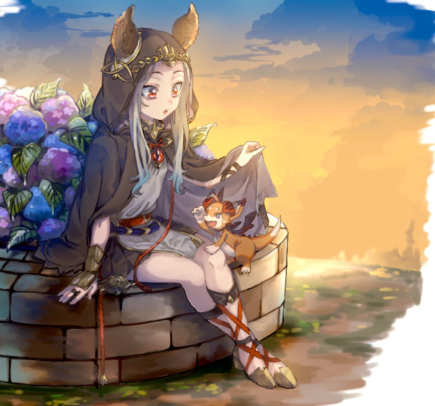 1girl animal_ears cloak ears_through_headwear erune flower granblue_fantasy highres hood hooded_cloak jewelry kuzumiya_yuyu long_hair looking_at_another pendant red_eyes ring scathacha_(granblue_fantasy) silver_hair sitting vee_(granblue_fantasy)