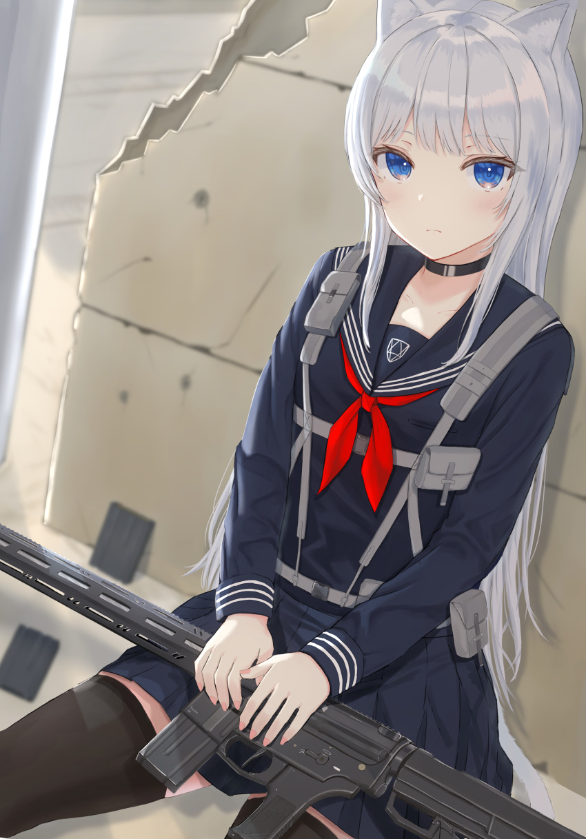 1girl absurdres against_wall animal_ears bangs belt_collar blue_eyes blue_serafuku bow bowtie broken_wall cat_ears cat_tail closed_mouth collar collarbone commentary_request cracked_wall eyebrows_visible_through_hair grey_hair gun hand_on_weapon highres light_blush long_sleeves looking_at_viewer magazine_(weapon) on_floor original red_bow school_uniform serafuku sidelocks sitting solo tail tanshio thigh-highs uniform weapon white_hair zettai_ryouiki