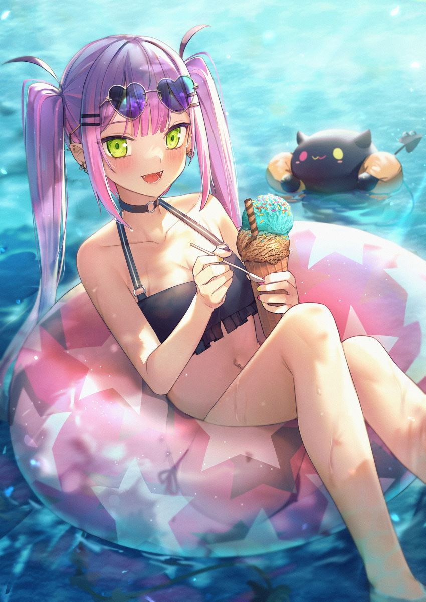 1girl :d absurdres bangs bare_arms bare_legs bare_shoulders bibi_(tokoyami_towa) bikini black_bikini black_choker blush breasts choker collarbone commentary ear_piercing eyebrows_visible_through_hair eyewear_on_head fangs feet_out_of_frame food green_eyes hair_ornament hairclip halter_top halterneck heart heart-shaped_eyewear highres holding holding_food holding_spoon hololive ice_cream ice_cream_cone innertube long_hair looking_at_viewer mr.lime multicolored multicolored_nails nail_polish navel navel_piercing open_mouth piercing pink_hair purple_hair purple_nails side-tie_bikini sidelocks smile solo spoon stomach sunglasses swimsuit tokoyami_towa twintails two_side_up very_long_hair virtual_youtuber water wet yellow_nails