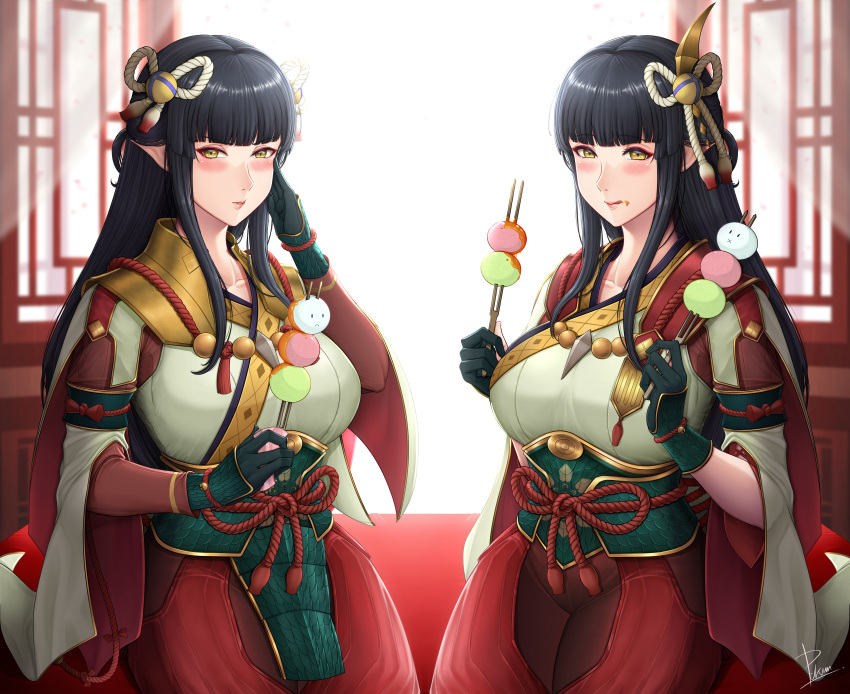 2girls black_hair blush breasts gloves hinoa japanese_clothes kimono large_breasts long_hair minoto monster_hunter monster_hunter_(series) monster_hunter_rise p-kun pointy_ears siblings twins