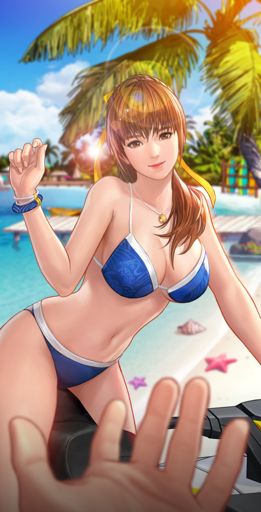 1girl absurdres artist_request bangs bare_shoulders bikini blue_bikini blue_sky blurry blurry_background bracelet breasts brown_eyes brown_hair clouds cloudy_sky collarbone commentary_request day dead_or_alive dead_or_alive_6 fingernails hand_up head_tilt highres jet_ski jewelry kasumi_(doa) lips long_hair looking_at_viewer medium_breasts navel necklace official_art out_of_frame outdoors palm_leaf palm_tree shore simple_background sky smile stomach sunlight swimsuit the_king_of_fighters the_king_of_fighters_all-stars tied_hair tree water