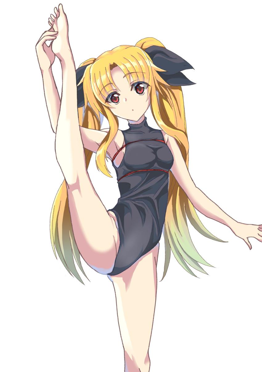 1girl absurdres bangs barefoot black_leotard black_ribbon blonde_hair breasts closed_mouth eyebrows_visible_through_hair fate_testarossa hair_ribbon highres leg_hold leg_up leotard long_hair lyrical_nanoha magical_girl parted_bangs proum9696 red_eyes ribbon sleeveless small_breasts solo split standing standing_on_one_leg standing_split very_long_hair