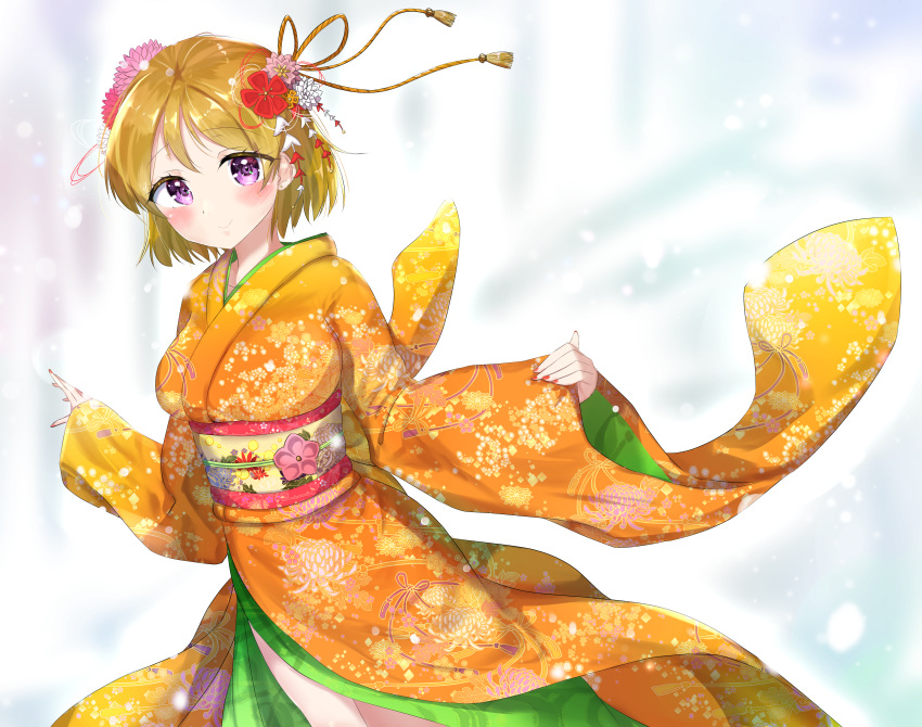 1girl absurdres bangs blonde_hair blush commentary_request eyebrows_visible_through_hair flower furisode hair_flower hair_ornament highres huge_filesize japanese_clothes kimono koizumi_hanayo long_sleeves looking_at_viewer love_live! obi pink_eyes pink_nails sash short_hair sleeves_past_wrists smile solo umi-chan_(umi-chan_koubou)