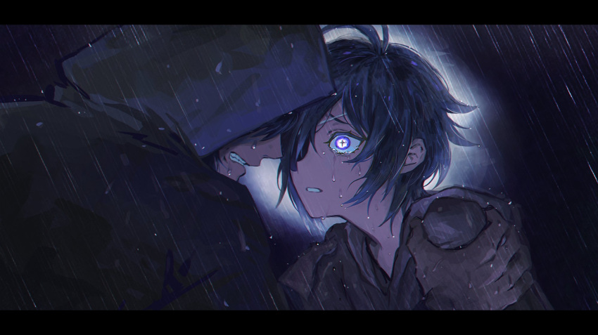 2boys antenna_hair bangs blue_hair clenched_teeth crying dark-skinned_male dark_skin eyepatch genshin_impact godwkgodwk highres hood hood_up kaeya_(genshin_impact) korean_commentary letterboxed long_hair male_focus multiple_boys parted_lips rain tears teeth upper_body younger