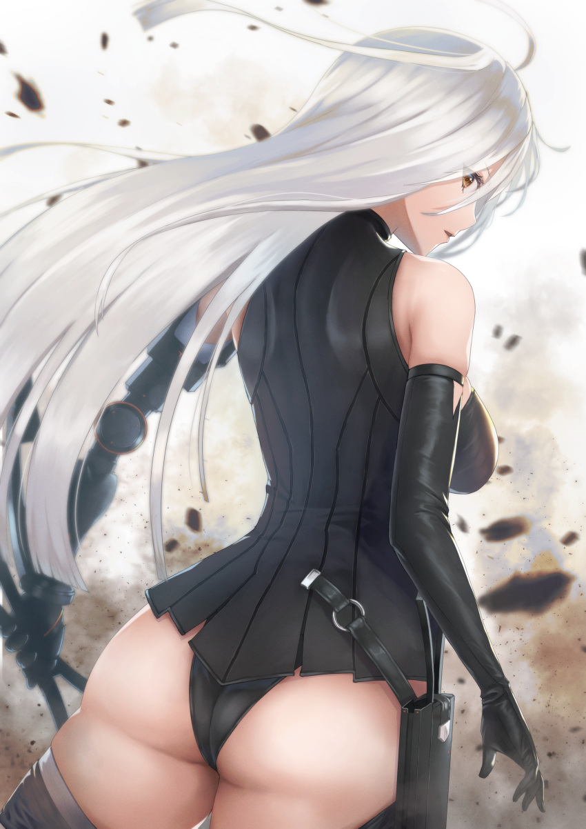 1girl absurdres ass back black_legwear breasts debris elbow_gloves floating_hair frenlyse from_behind gloves highres holding holding_weapon huge_filesize large_breasts lips long_hair looking_at_viewer looking_back mechanical_arms mechanical_parts nier_(series) nier_reincarnation prosthesis prosthetic_arm scabbard sheath single_elbow_glove single_mechanical_arm solo tachibana_yuu_(shika) thigh-highs very_long_hair weapon white_hair yellow_eyes