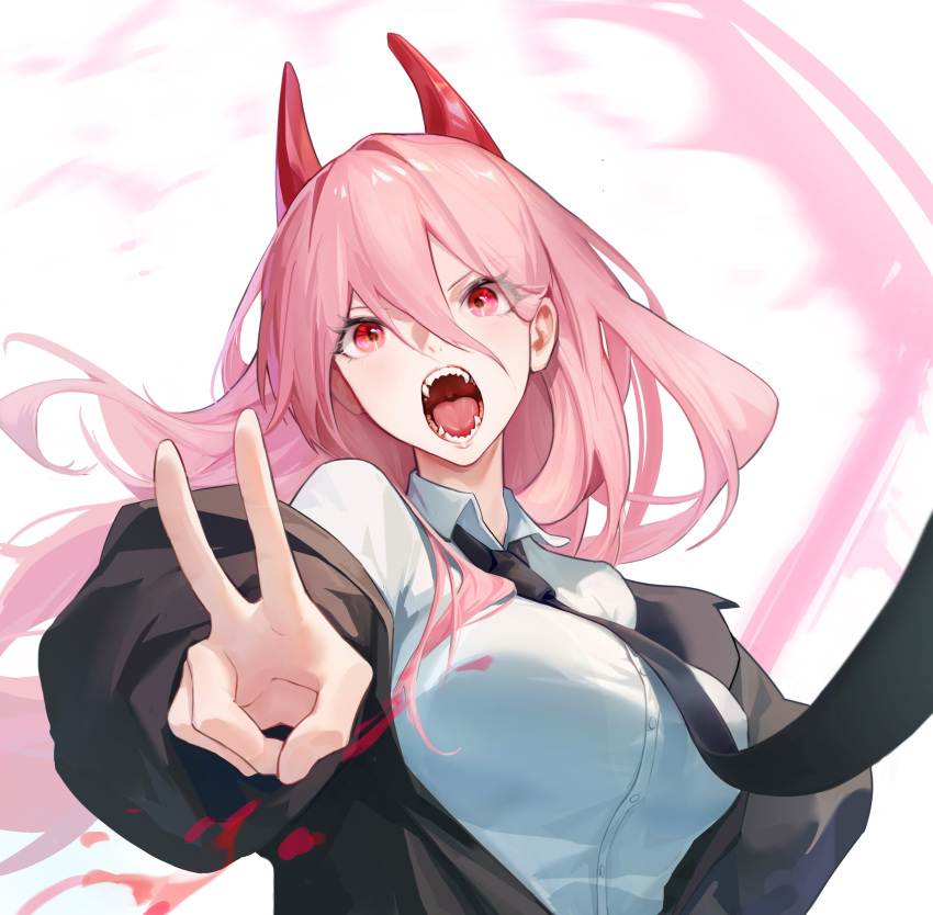 1girl absurdres alternate_breast_size black_neckwear blush breasts chainsaw_man collared_shirt commentary demon_horns dress_shirt english_commentary eyebrows_visible_through_hair eyelashes eyes_visible_through_hair fangs floating_hair hair_between_eyes highres holding holding_weapon horns large_breasts long_hair looking_at_viewer necktie open_mouth outstretched_arms pink_eyes pink_hair power_(chainsaw_man) scythe sharp_teeth shirt simple_background solo teeth tongue upper_body uvula v weapon white_background white_shirt wind wing_collar zuihou_de_miao_pa_si