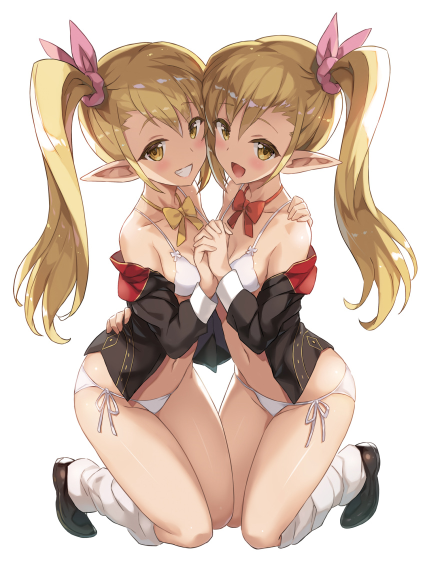 1girl asymmetrical_docking blonde_hair blush bow bra breast_press breasts brown_footwear character_request full_body highres kuro_no_senki long_hair looking_at_viewer loose_socks mutsumi_masato open_mouth panties pink_scrunchie pointy_ears red_bow scrunchie shoes siblings side-tie_panties side_ponytail small_breasts teeth twins underwear white_bra white_legwear white_panties yellow_bow yellow_eyes