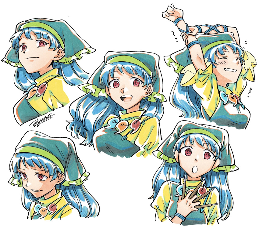 1girl apron arm_ribbon arms_up bangs between_fingers blue_hair blue_ribbon blush breasts brush closed_eyes closed_mouth dress eyebrows_visible_through_hair green_apron green_headwear hand_up hands_up haniyasushin_keiki highres holding long_hair looking_at_viewer looking_away looking_to_the_side medium_breasts open_mouth pink_eyes puffy_short_sleeves puffy_sleeves ribbon shikido_(khf) short_sleeves simple_background smile solo surprised teeth touhou upper_body white_background yellow_dress yellow_sleeves