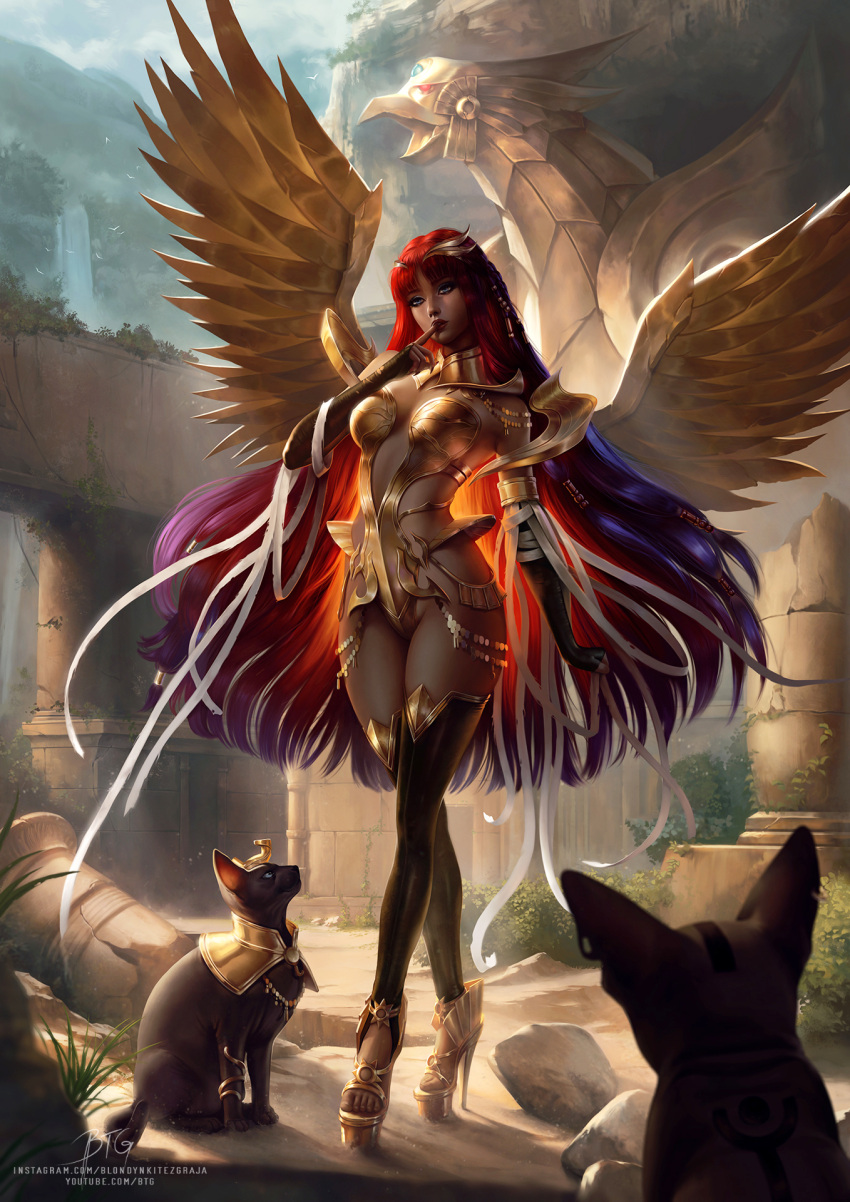 artist_name bangs black_legwear blondynkitezgraja blue_eyes blunt_bangs breasts cat commentary detached_collar duel_monster elbow_gloves english_commentary fingerless_gloves gloves gold_armor gold_choker gold_footwear golden_wings high_heels highres instagram_username jewelry long_hair multiple_cats parted_lips personification plant red_lips redhead rock ruins signature the_winged_dragon_of_ra the_winged_dragon_of_ra_(personification) thigh-highs toenails toes very_long_hair watermark web_address wings youtube_username yu-gi-oh!
