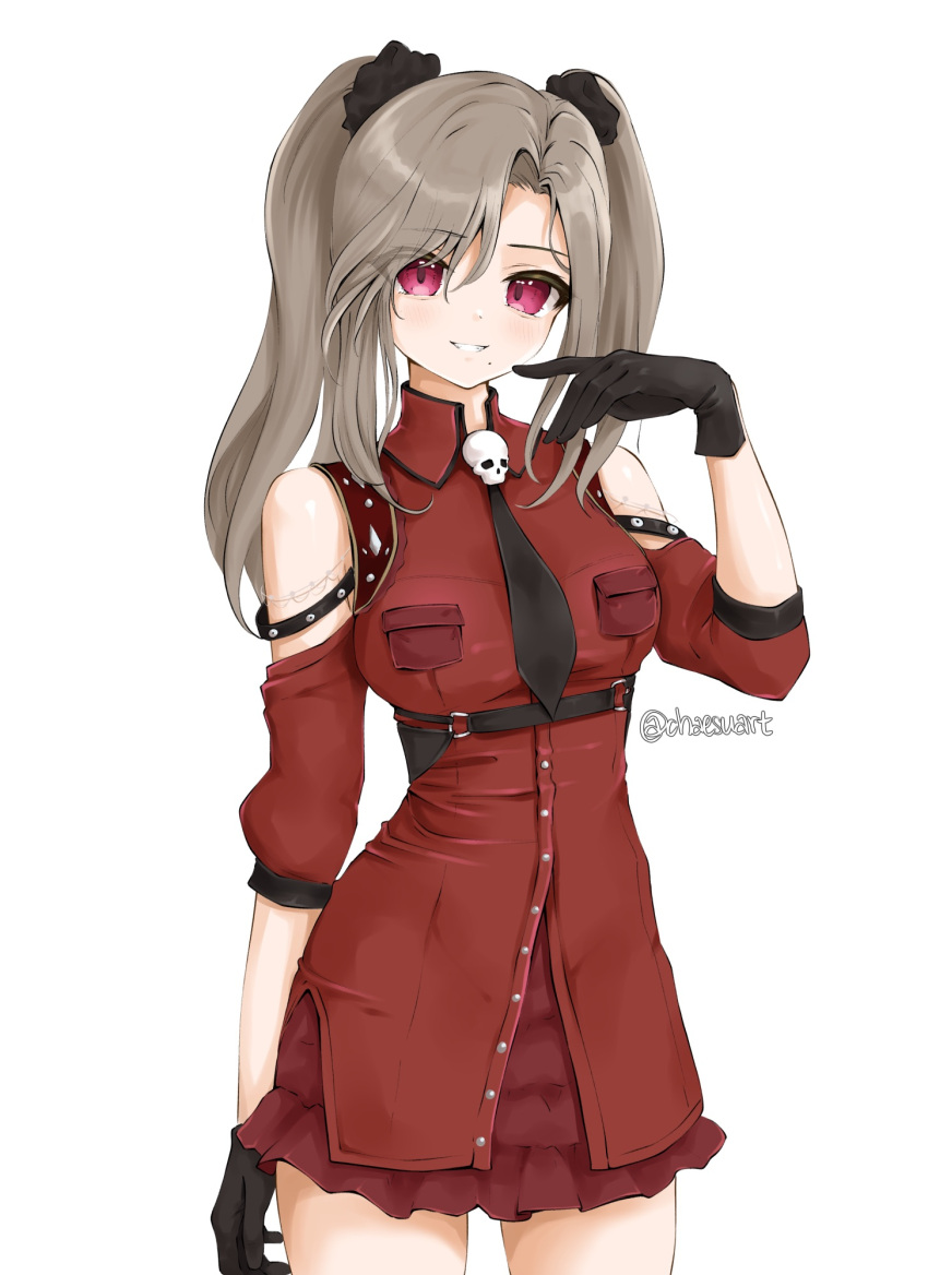 1girl bangs bare_shoulders black_gloves black_neckwear blush borrowed_character chaesu code_vein cowboy_shot dress eyebrows_visible_through_hair gloves grey_hair hair_between_eyes hand_up highres long_hair looking_at_viewer mole mole_under_mouth necktie parted_lips red_dress red_eyes shadow simple_background skull smile solo teeth twintails twitter_username white_background