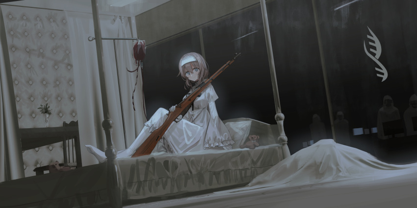 1girl absurdres bangs blood blood_bag blue_eyes brown_hair chihuri closed_mouth commentary_request dress eyebrows_visible_through_hair frilled_dress frills gloves gun hair_between_eyes hairband highres holding holding_gun holding_weapon indoors juliet_sleeves long_sleeves looking_at_viewer no_shoes on_bed original pantyhose pillow puffy_sleeves renata_alekseevna_tsvetaeva rifle russian_commentary sitting sleeves_past_wrists smile solo stuffed_animal stuffed_toy teddy_bear weapon weapon_request white_dress white_gloves white_hairband white_legwear wide_sleeves window