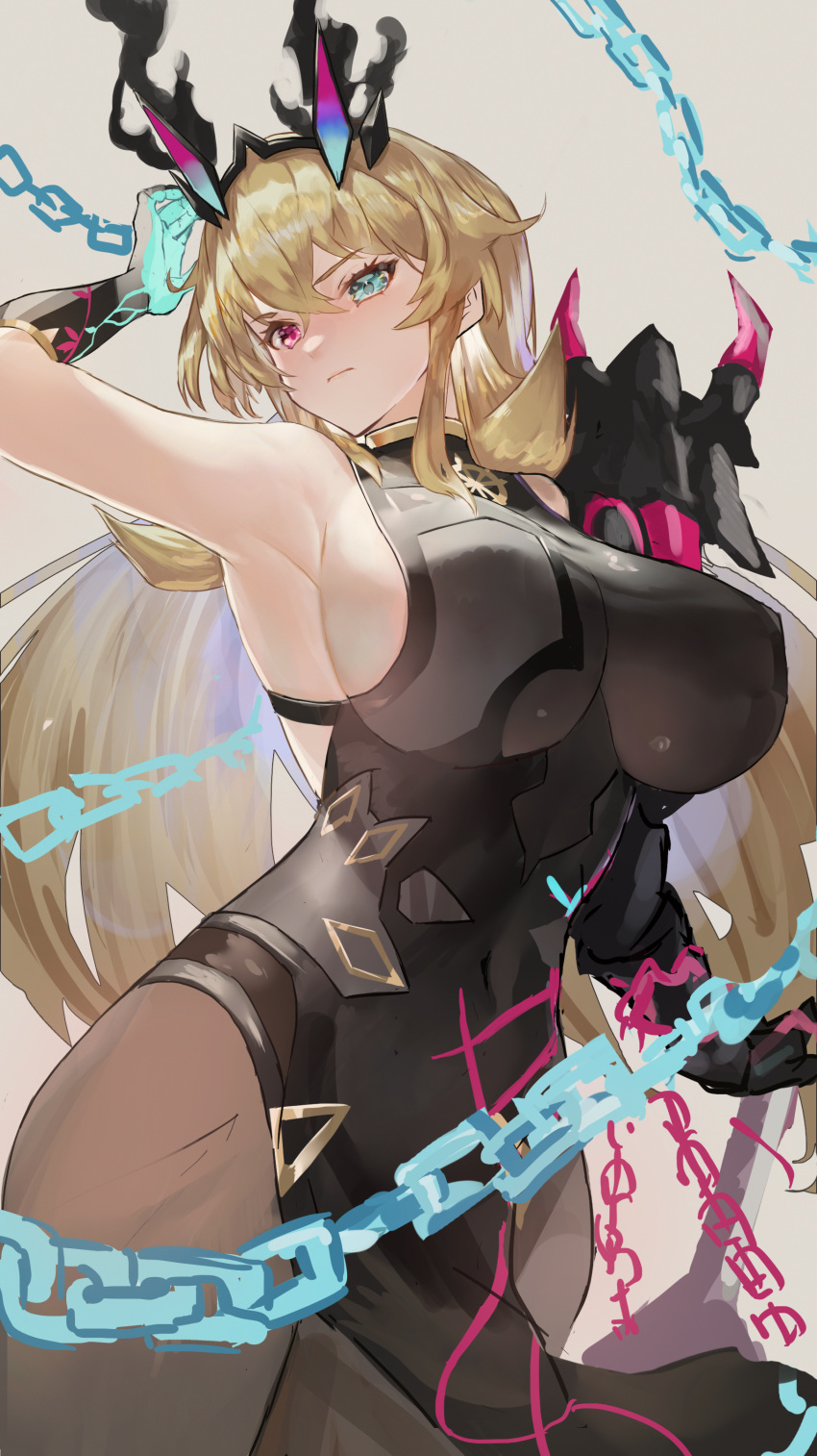 1girl absurdres arm_behind_head arm_up armor armpits bangs bare_shoulders black_dress blonde_hair blue_eyes breasts brown_legwear chain covered_navel dress fairy_knight_gawain_(fate) fate/grand_order fate_(series) gauntlets heterochromia highres horns large_breasts long_hair looking_at_viewer pantyhose pauldrons pelvic_curtain plaster_(2501) red_eyes shoulder_armor sideboob single_gauntlet single_pauldron thighs