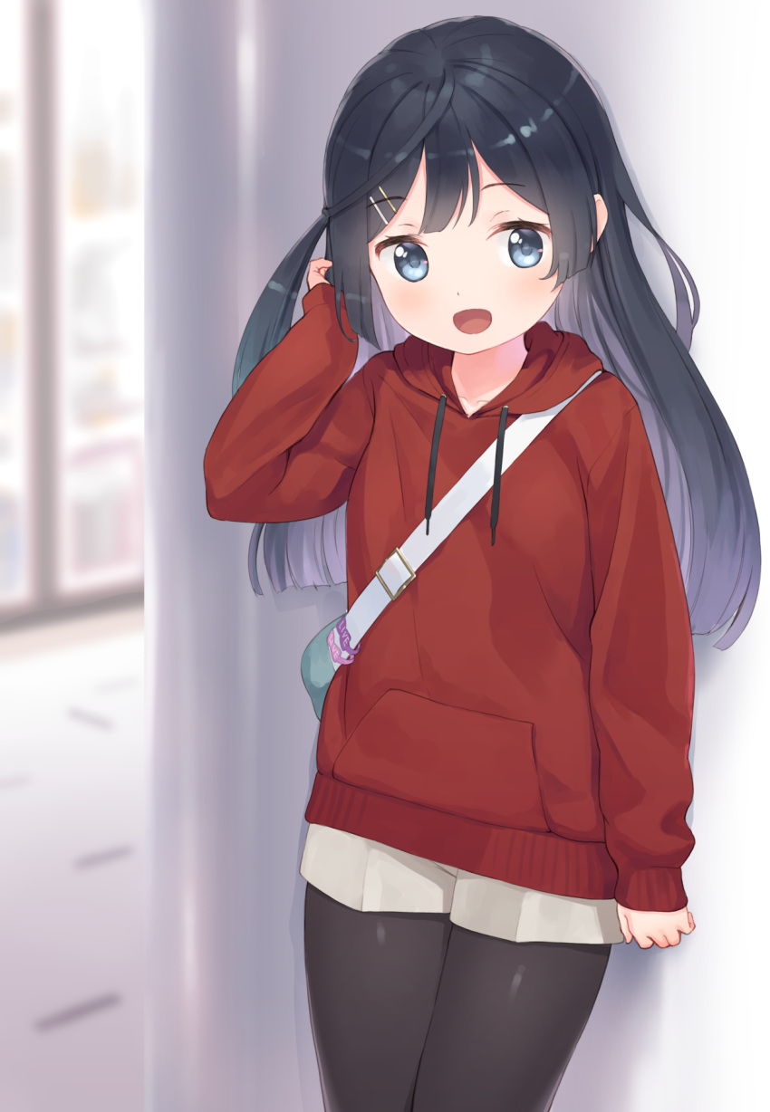 1girl :d bag bangs black_hair black_legwear blush brown_shorts child commentary drawstring eichisu eyebrows_visible_through_hair grey_eyes highres hood hoodie indoors long_hair looking_at_viewer love_live! love_live!_nijigasaki_high_school_idol_club open_mouth pantyhose red_hoodie shorts sidelocks smile solo yuuki_setsuna_(love_live!)