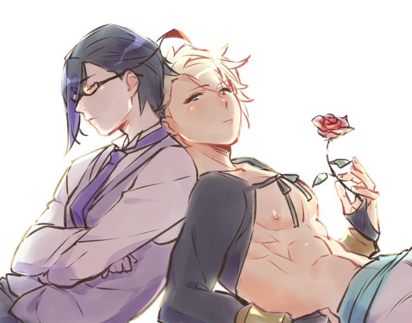 2boys abs ahoge aladdin_(sinoalice) back-to-back bad_id bad_twitter_id bare_pectorals black_hair blonde_hair closed_mouth crossed_arms flower fringe_trim glasses hameln_(sinoalice) highres holding holding_flower looking_at_viewer male_focus multicolored_hair multiple_boys pectorals purple_hair red_flower red_rose ribbon rose short_hair simple_background sinoalice sketch skky3 sleeping two-tone_hair white_background