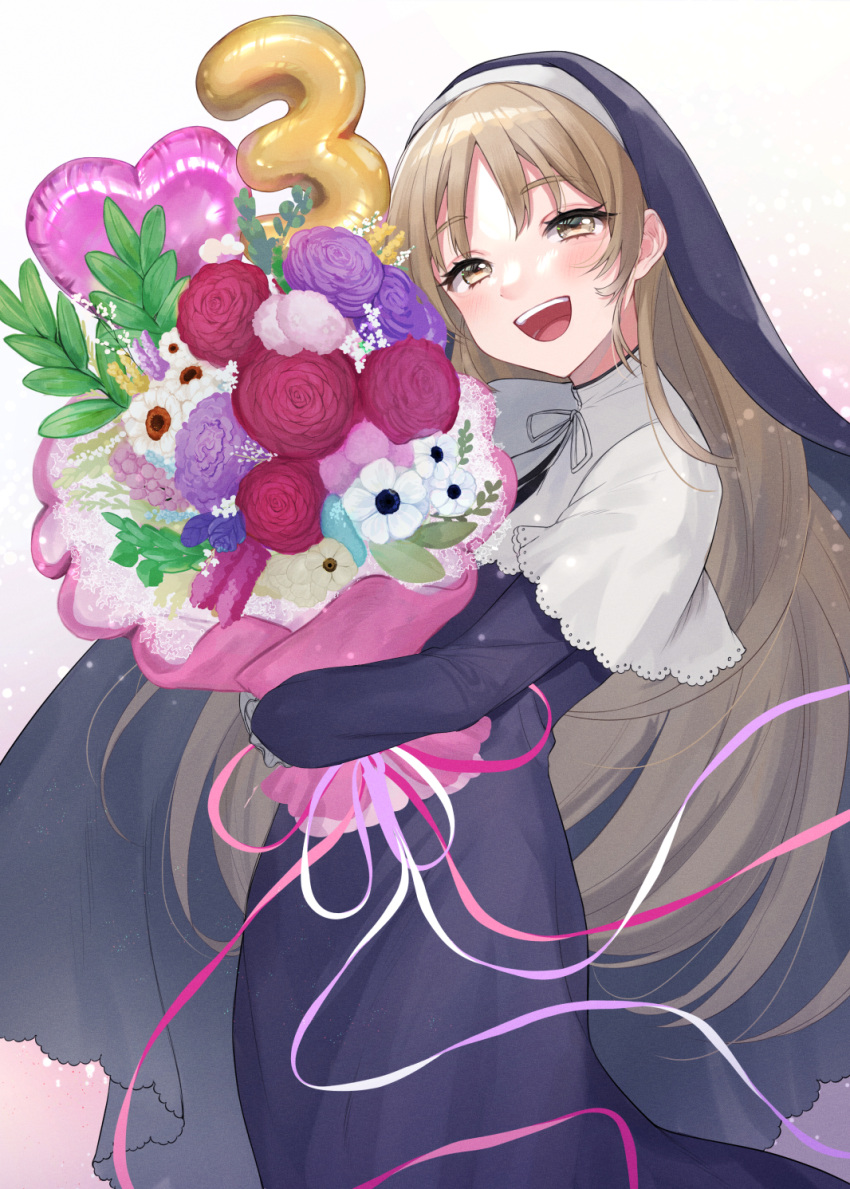1girl anniversary bangs black_dress blush bouquet capelet dress flower gloves habit heart highres holding holding_bouquet light_brown_eyes light_brown_hair mizuiro_32 nijisanji nun parted_bangs ribbon rose simple_background sister_cleaire smile solo virtual_youtuber white_capelet white_gloves white_ribbon