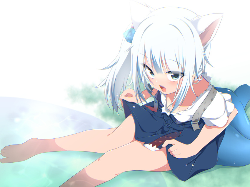 1girl animal_ears barefoot blue_skirt cat_ears downblouse eyebrows_visible_through_hair from_above gawr_gura hachi_(chihagura) hair_cubes hair_ornament highres hololive hololive_english looking_at_viewer looking_up open_mouth shirt short_sleeves side_ponytail silver_hair skirt solo sweat virtual_youtuber white_shirt