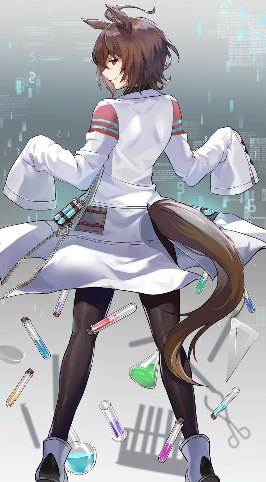 1girl absurdres agnes_tachyon_(umamusume) ahoge animal_ears bangs black_legwear brown_hair commentary_request cork erlenmeyer_flask flask from_behind hair_between_eyes highres horse_ears horse_girl horse_tail labcoat long_sleeves looking_at_viewer oenothera pantyhose partially_unzipped red_eyes round-bottom_flask senjougahara_pose set_square shadow shoes short_hair sleeves_past_fingers sleeves_past_wrists smile solo tail test_tube test_tube_rack umamusume