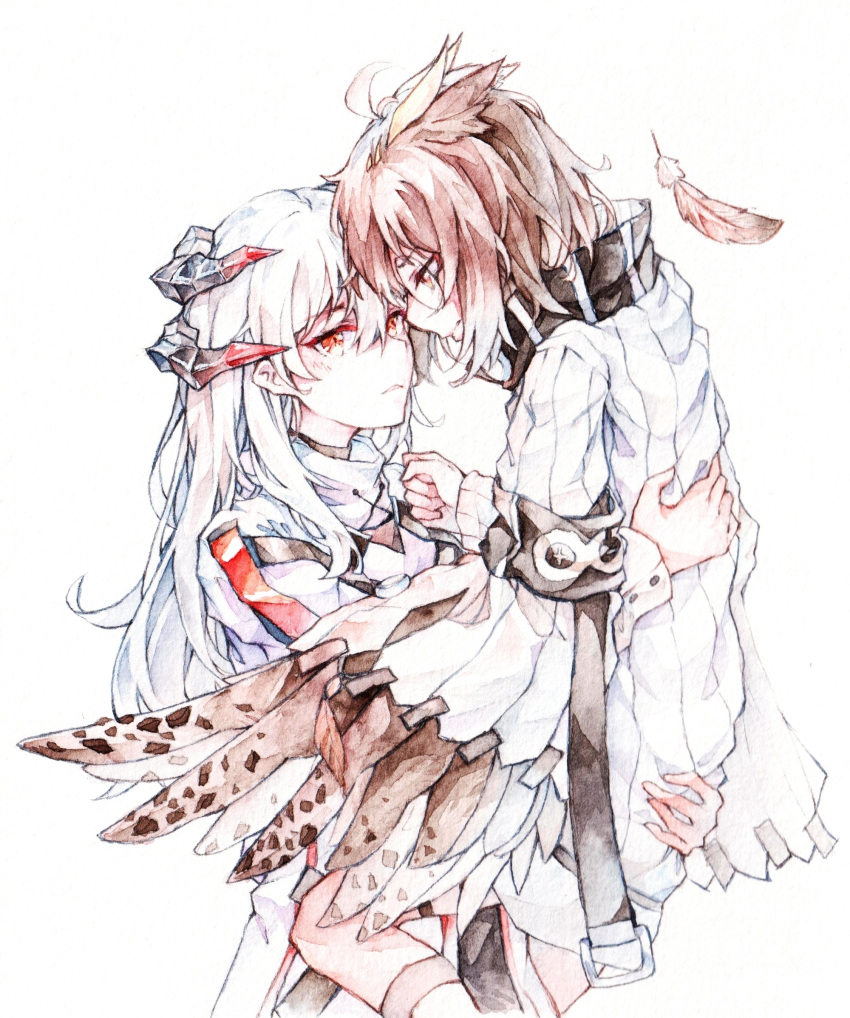 2girls ahoge arknights brown_hair chinese_commentary coat dragon_horns feather_hair feathers glasses highres holding_person horns hug long_hair looking_at_another moyu_marginal multiple_girls orange_eyes owl_ears rhine_lab_logo saria_(arknights) short_hair silence_(arknights) simple_background white_background white_coat white_hair yuri
