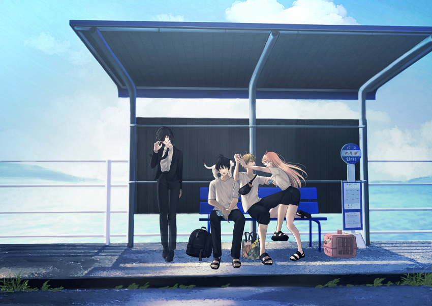 2boys 2girls animal_on_shoulder arguing backpack bag bench black_footwear black_hair black_jacket black_neckwear black_pants black_shorts black_suit blonde_hair blue_sky breasts bus_stop cat cat_on_shoulder chainsaw_man closed_eyes closed_mouth clouds cloudy_sky collared_shirt commentary day demon_horns denji_(chainsaw_man) dress_shirt eyepatch fanny_pack food formal fruit full_body ghost hayakawa_aki_(chainsaw_man) highres himeno_(chainsaw_man) holding horns jacket long_hair looking_at_another looking_to_the_side meowy_(chainsaw_man) multiple_boys multiple_girls necktie one_eye_covered open_clothes open_jacket open_mouth outdoors pant_suit pants pet_carrier pink_hair pochita_(chainsaw_man) popsicle_stick power_(chainsaw_man) sandals sharp_teeth shirt shirt_tucked_in shoes shopping_bag short_hair shorts sitting sky small_breasts smile standing suit symbol_commentary t-shirt teeth topknot toukaairab transparent watermelon white_shirt wind wing_collar wrapper