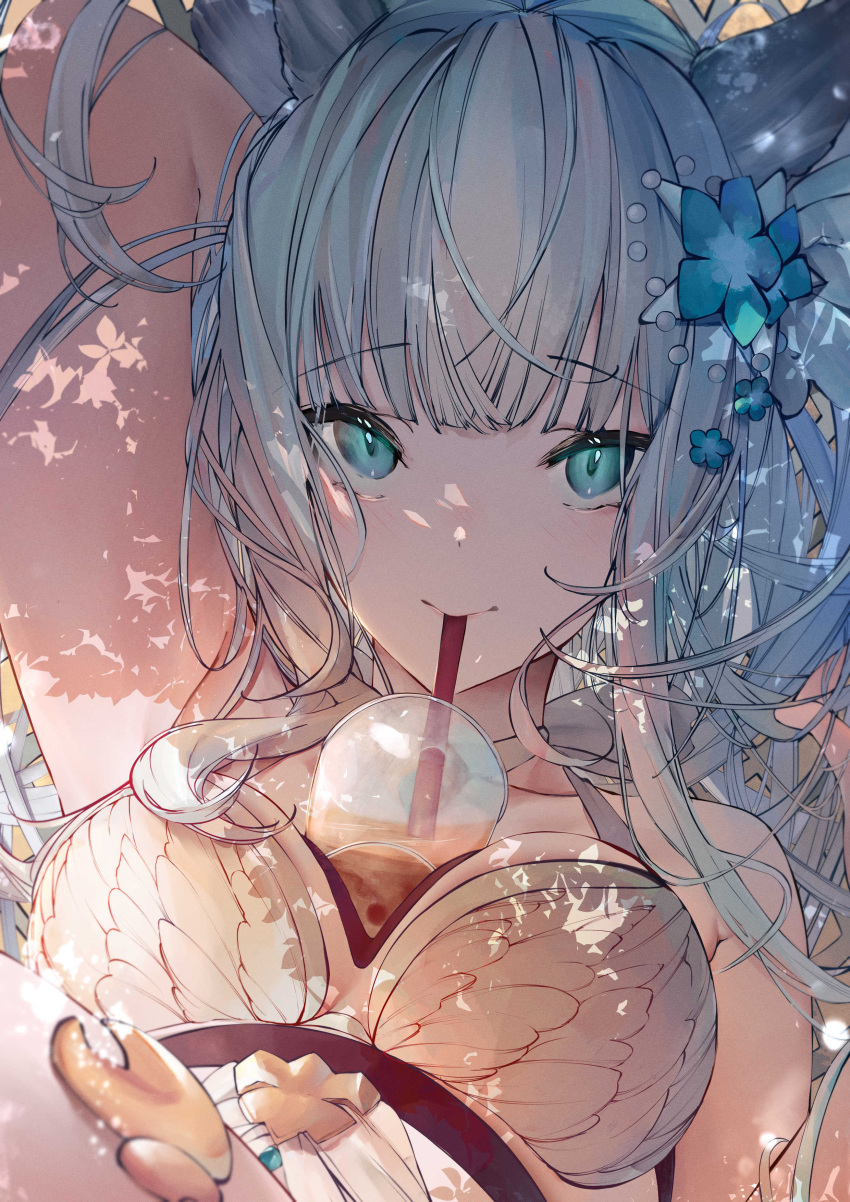 1girl absurdres animal_ears aqua_eyes arm_behind_head bangs betabeet between_breasts bikini blunt_bangs breasts bubble_tea cat_ears commentary drink drinking erune flower granblue_fantasy hair_flower hair_ornament highres korwa long_hair looking_at_viewer silver_hair solo swimsuit white_bikini